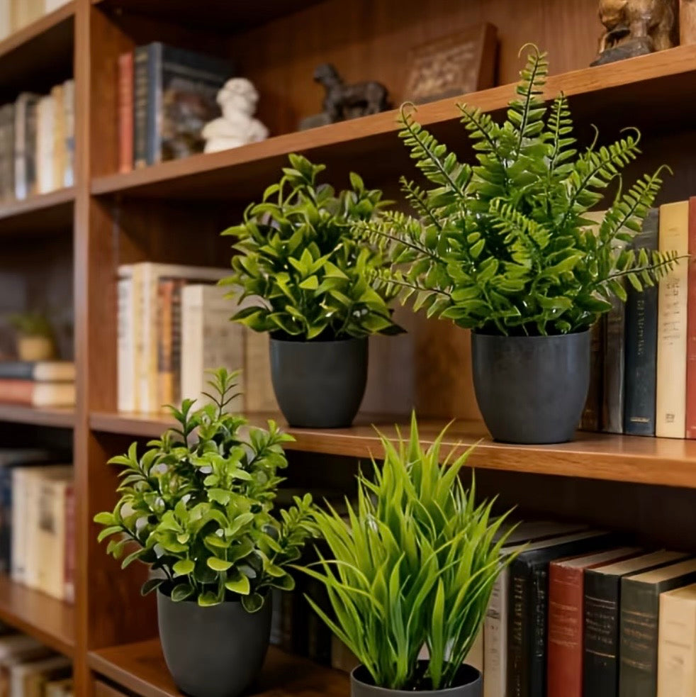 Faux Mini Plant set- 4 realistic artificial greenery stems for vases & shelves