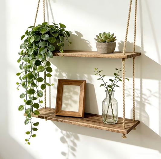 Boho hanging wood shelf- Double tier rope wall shelf for plants and decor