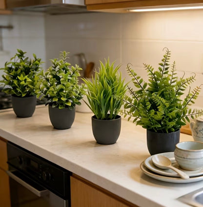Faux Mini Plant set- 4 realistic artificial greenery stems for vases & shelves