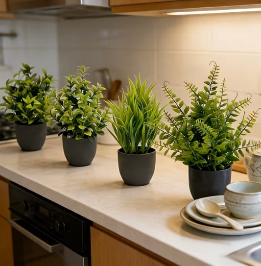 Faux Mini Plant set- 4 realistic artificial greenery stems for vases & shelves